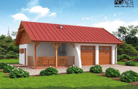G314 garaż dwustanowiskowy z pomieszczeniem gospodarczym i werandą