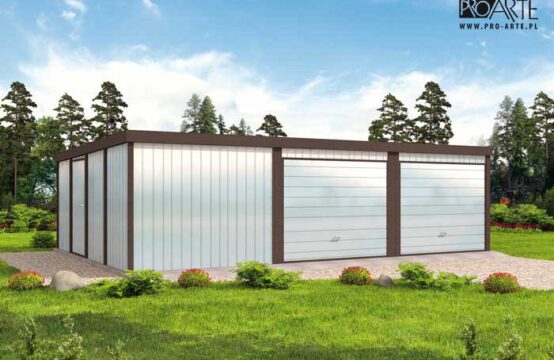 GB7 projekt garażu blaszanego dwustanowiskowego z pomieszczeniem gospodarczym