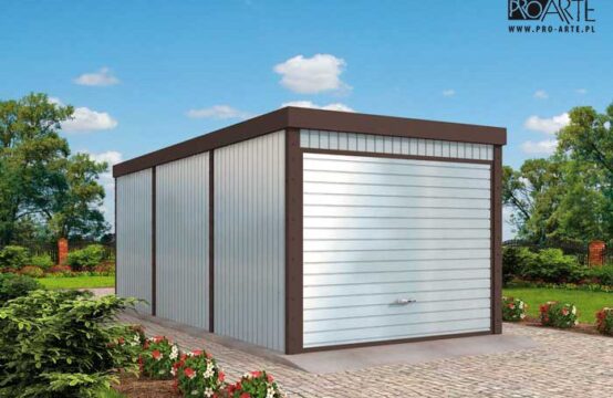 GB60 projekt garażu blaszanego jednostanowiskowego z pomieszczeniem gospodarczym i wiatą