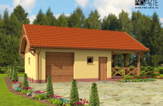 G56 szkielet drewiany garaż jednostanowiskowy z pomieszczeniem gospodarczym, wiatą