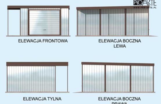 GB10 projekt garażu blaszanego jednostanowiskowego z wiatą