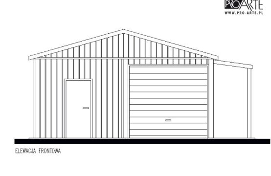 GB70 projekt garażu blaszanego jednostanowiskowego z pomieszczeniem gospodarczym i wiatą