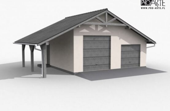 G6 szkielet drewniany, garaż dwustanowiskowy z wiatą garażową jednostanowiskową