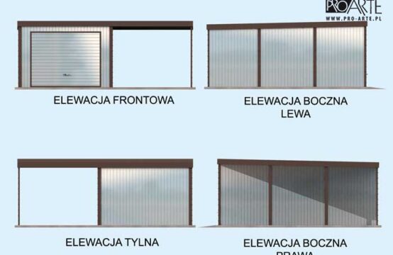 GB31 projekt garażu blaszanego jednostanowiskowego z wiatą