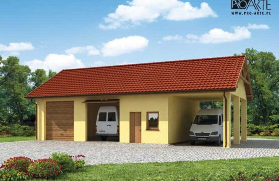 G210 garaż dwustanowiskowy z pomieszczeniami gospodarczymi i wiatą
