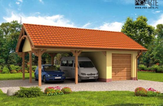G244 garaż jednostanowiskowy z wiatą dwustanowiskową