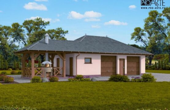 G247 garaż dwustanowiskowy z pomieszczeniami gospodarczymi i werandą