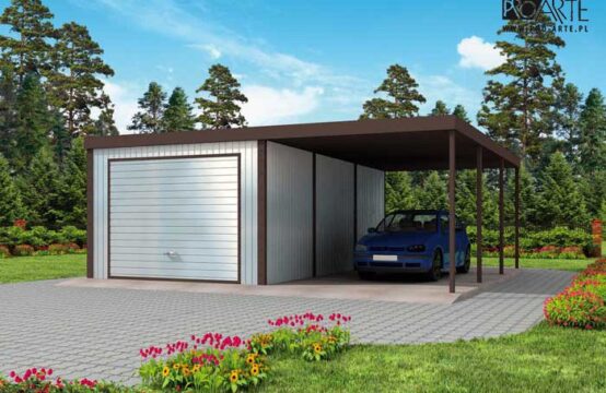 GB31 projekt garażu blaszanego jednostanowiskowego z wiatą