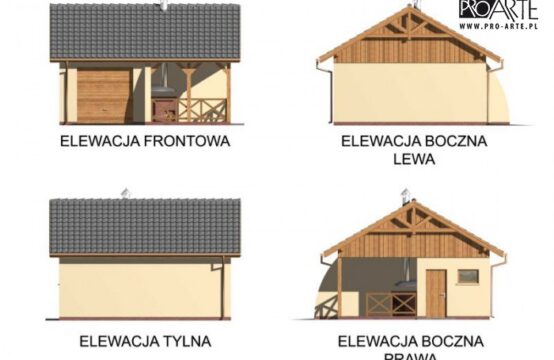 G41 garaż jednostanowiskowy z pomieszczeniem gospodarczym i altaną ogrodową z grilem.