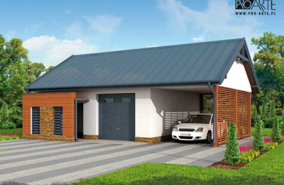 G277 garaż jednostanowiskowy z pomieszczeniem gospodarczym i wiatą